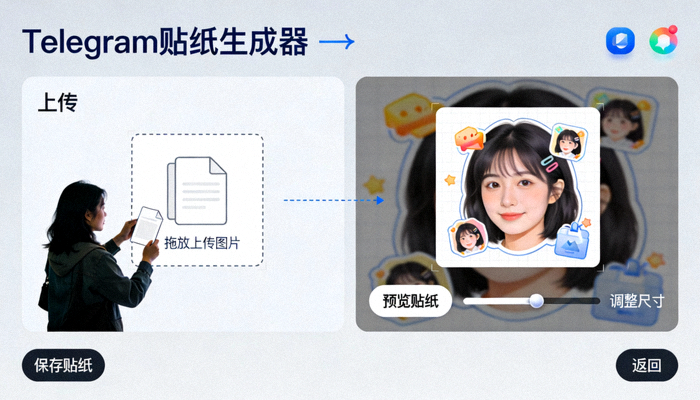 Telegram贴纸生成器界面截图，展示用户上传图片并预览贴纸效果的过程