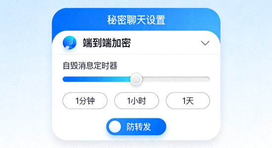 Telegram中文版秘密聊天设置界面截图，展示端到端加密标识、自毁消息定时器选项和防转发开关