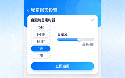 Telegram中文版秘密聊天设置界面截图，展示增强的自毁消息定时器选项，提供更灵活的隐私控制