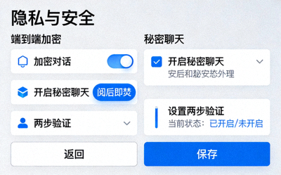 Telegram中文版隐私与安全设置界面截图，展示端到端加密、秘密聊天和两步验证等安全选项