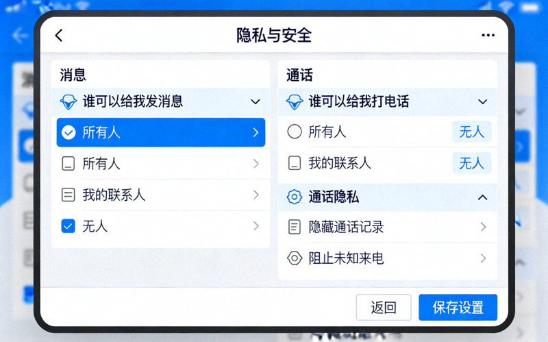 Telegram中文版应用程序内部隐私与安全设置界面截图，重点展示消息和通话的接收限制选项