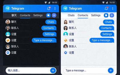Telegram中文版与英文版界面对比截图，左侧为中文界面，右侧为英文界面，展示语言和布局差异