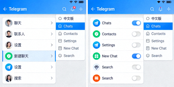 Telegram中文版与英文版界面并排对比截图，清晰展示菜单、按钮等元素的汉化效果