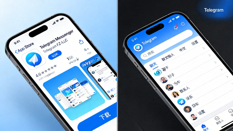 Telegram中文版在iPhone上的App Store下载页面和应用程序主界面截图
