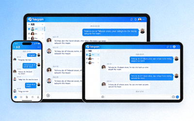 Telegram中文版在手机、平板和电脑三台设备上同时登录的界面截图，展示消息实时同步的效果